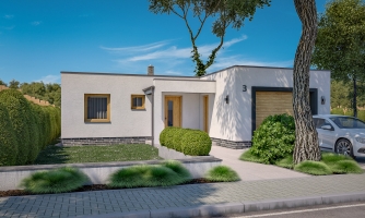 Modern U-shaped atrium family house with a garage and flat roof. Suitable for a narrow plot.